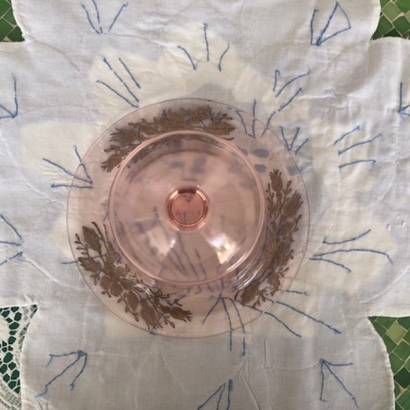 PINK DEPRESSION PEDESTAL CONDIMENT BOWL WITH STERLING OVERLAY FLOWERS - Picture 3 of 7